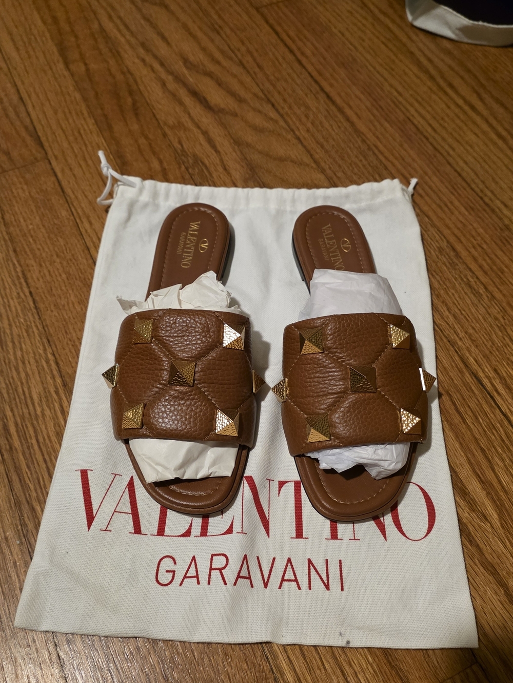 Valentino Garavani Brown Leather Stud Slide Sandals for Kids